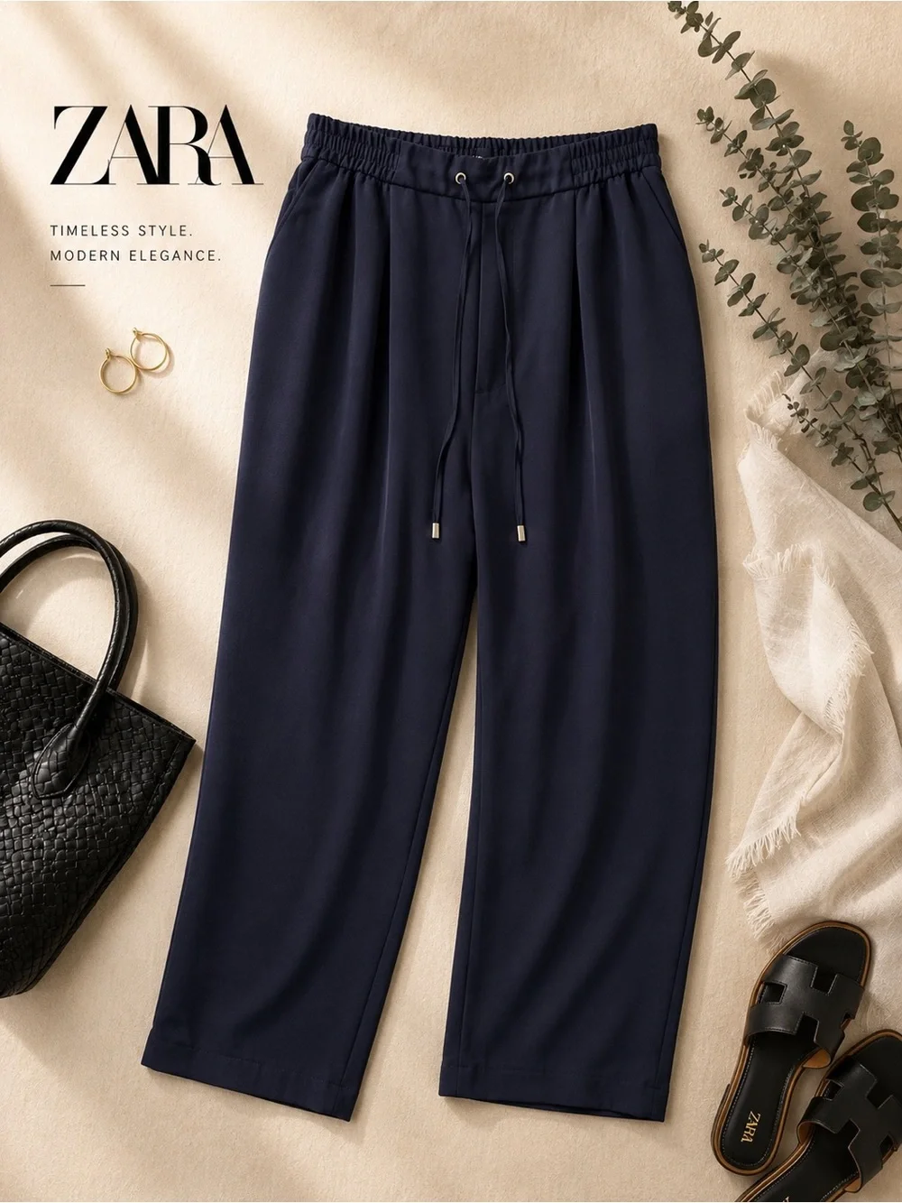 ZARA Navy Relaxed Drawstring Pants | Coastal Quiet Luxury Wide Leg Trousers